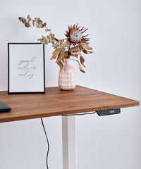 Höhenverstellbarer Schreibtisch mit Tischplatte aus Eichenholz im Farbton Old Brown und weißem Gestell.