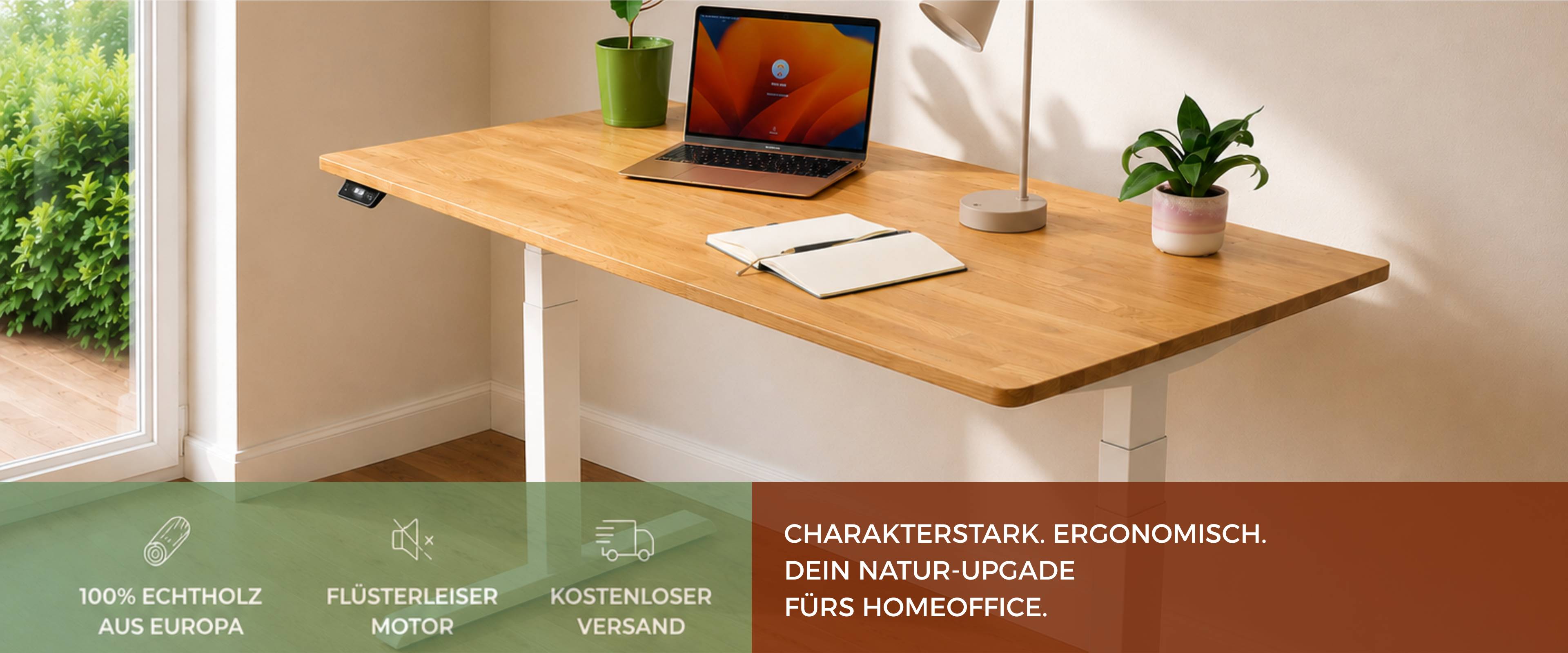 Deskolonia Banner Sommer 2026 Desktop Version, Natur Tischplatte aus massiver Eiche mit weißem Gestell und Deko  