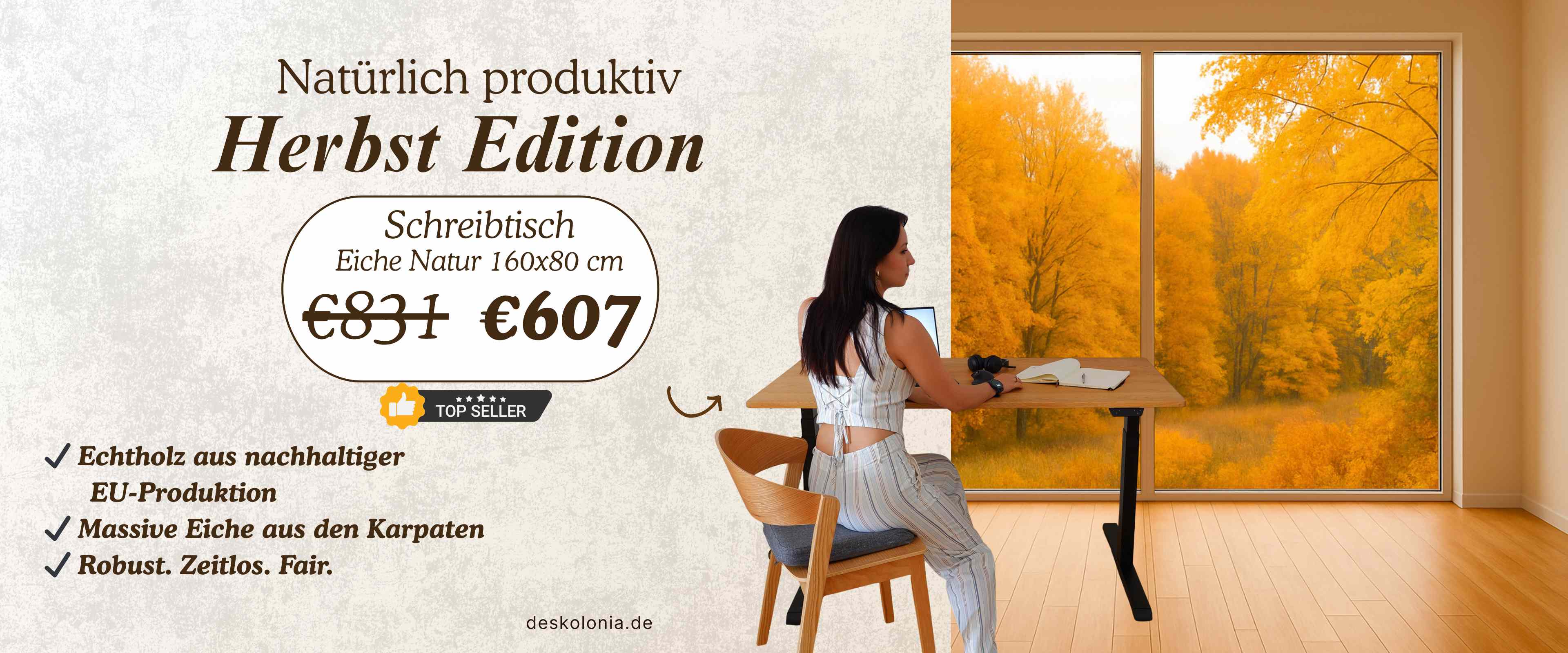 Deskolonia Sale im Herbst EIchentischplatten und höhenverstellbare Tische mit bis zu 27% Rabatt, Tischplatten aus Ukraine aus nachhaltiger Forstwirtschaft