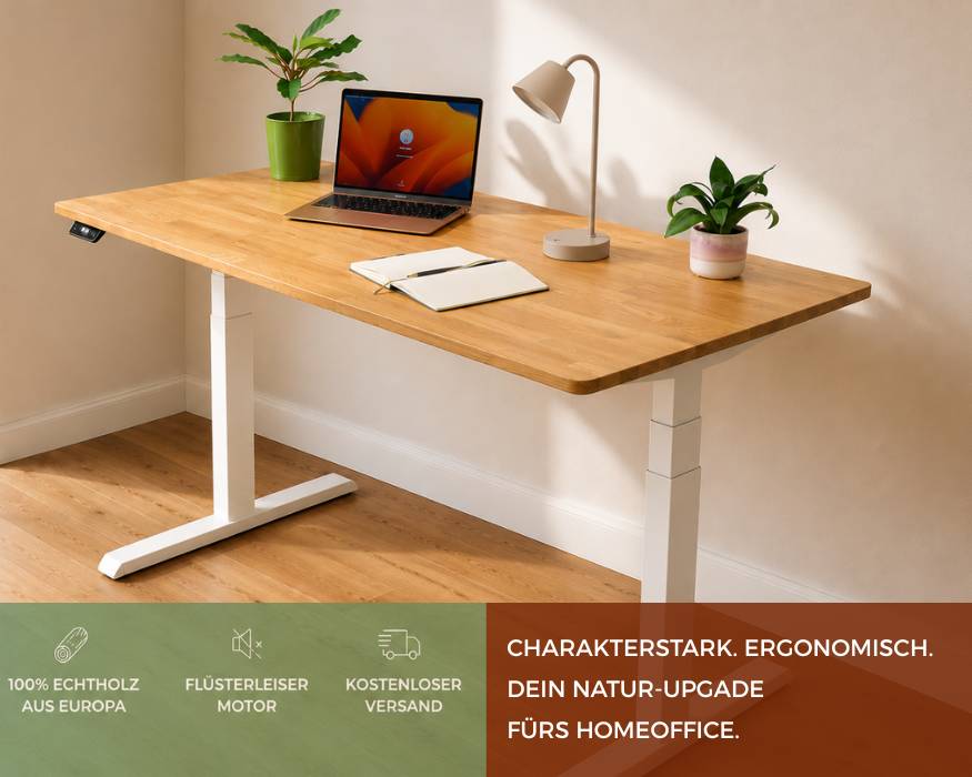 Deskolonia Banner Sommer 2026 Mobil
Version, Natur Tischplatte aus massiver Eiche mit weißem Gestell und Deko  