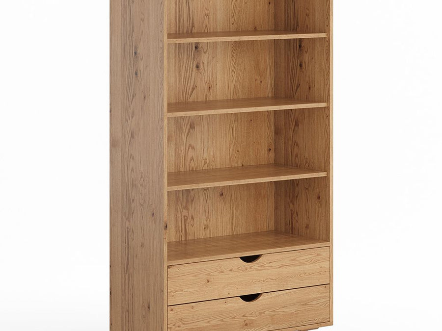 Bücherregal aus Massivholz Eiche mit zwie Schubladen, Natur Farbe, behandelt mit natürlichem Öl. Länge 90cm Breite 40cm und Höhe 180cm