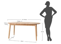 Technische Zeichnung im Vergleich zu einer Frau von ausziehbaren Esstisch mit Einlegeplatte 160cm lang, Natur geölte Wildeiche.