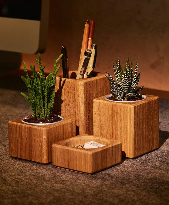 Schreibtischset mit einer Tischplatte aus massivem Eichenholz und passendem Schreibtischzubehör.