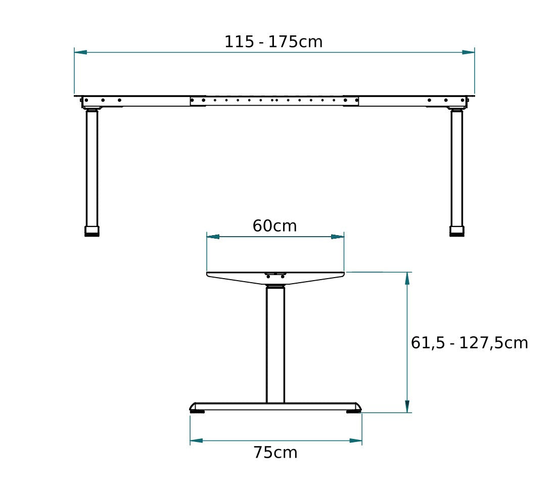 Technische Zeichnung +  Dimensionen und Höhenverstellung Gestell Seckom 1050